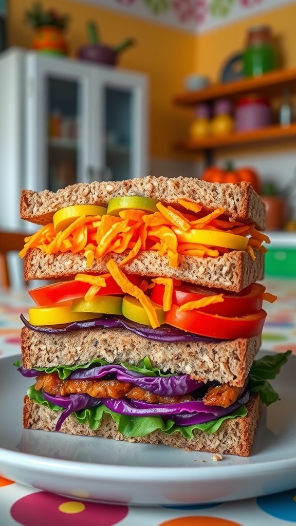 Vibrant Neon Rainbow Sandwich Recipe A vibrant neon rainbow sandwich filled with colorful vegetables on a bright table.